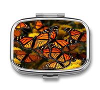 Monarch Butterflies Pill Box 2-Compartment Portable Pill Case Square Metal Medication Organizer Small Weekly Medication Case with Mirror Stylish Vitamin Holder for Purse Pocket Travel