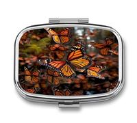 Monarch Butterflies Pill Box 2-Compartment Portable Pill Case Square Metal Medication Organizer Small Weekly Medication Case with Mirror Stylish Vitamin Holder for Purse Pocket Travel