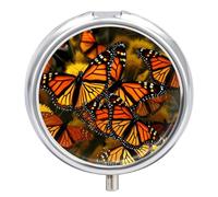 Monarch Butterflies Pill Box 3 Compartment Travel Pill Organizer 3 Times A Day Cute Mini Pill Case for Purse & Pocket Portable Metal Medicine Box with Mirror Round Daily Medicine Vitamin Container