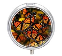 Monarch Butterflies Pill Box Travel Pill Organizer 3-Compartment with Mirror Design Portable Round Medicine Case for Vitamins, Jewelry & Essentials Durable Pocket Pillcase for Purse, Camping