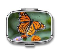 Monarch Butterflies Pill Box with 2 Compartments Portable Metal Medicine Organizer for Pocket Purse and Travel Compact Pill Case and Fish Oil Vitamins Supplements