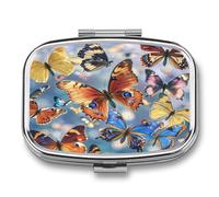 Monarch Butterflies Pill Case 2 Compartments Travel Pill Organizer for Pocket Small Pill Box Portable Pill Container Metal Medication Holder to Hold Vitamin Fish Oil Supplement