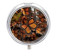 Monarch Butterflies Small Pill Case Round Weekly Pills Organizer with Mirror 3 Compartments Portable Travel Daily Pills Container Cute Pill Box for Fish Oil Supplement
