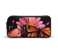 Monarch Butterfly and Flower Petals Large Pencil Case Pouch Multifunctional Office Storage Pocket Makeup Bag with Zipper