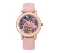 Monarch Butterfly and Flower Petals Women Simplicity Watch with Leather Strap Easy Reader Ladies Wristwatch