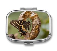 Monarch Butterfly Eclosion Pill Box 2 Compartment Square Metal Pill Organizer Portable Mini Travel Medicine Case with Mirror Cute Medicine Container Holder for Pocket Purse