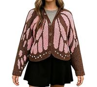 Monarch Butterfly Knit Cardigan, Open Front The Crochet Monarch Butterfly Cardigan/Sweater, Cozy Boho Knit Coverup for Women (Pink,XL)