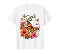 Monarch Butterfly Metamorphosis Caterpillar Floral Nature Value Graphic T-Shirt, Men, White, L