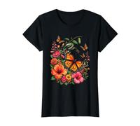 Monarch Butterfly Metamorphosis Caterpillar Floral Nature Value Graphic T-Shirt, Women, Black, L