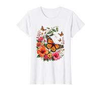 Monarch Butterfly Metamorphosis Caterpillar Floral Nature Value Graphic T-Shirt, Women, White, L