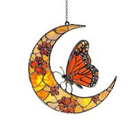 Monarch Butterfly & Moon Suncatcher Acrylic 2D Stained Glass Effect Art Pendant Ornament for Window Wall Hanging, Garden, Home Indoor Outdoor Decor (Orange)