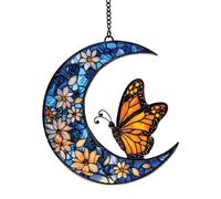 Monarch Butterfly & Moon Suncatcher Acrylic 2D Stained Glass Effect Art Pendant Ornament for Window Wall Hanging, Garden, Home Indoor Outdoor Decor (Blue)