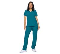 Monarch Uniforms Scrub Sets - Regular & Petite Stretchy Scrubs for Women - Set of Top & Pants, Caribbean Blue, Small Regular