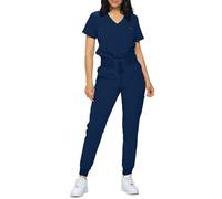 Monarch Uniforms Slim Fit Stretchy Scrubs Women's Jogger Scrub Set Slim Jogger Scrubs with Tuck-In Top for Women, Navy, L Petite