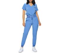 MONARCH UNIFORMS Stretchy Scrubs Women's Jogger Scrub Set with Tuck-In Top, Ceil Blue, L Petite