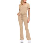 Monarch Uniforms Women’s Soft Stretch Scrub Set With Nine Pockets- V-Neck Top & High-Waisted Bootcut Pants-KHAKI-PETITE-S