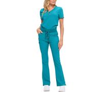 Monarch Uniforms Women’s Soft Stretch Scrub Set With Nine Pockets- V-Neck Top & High-Waisted Bootcut Pants-TEAL-M