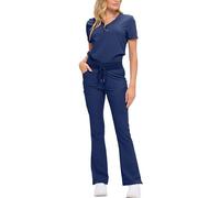 Monarch Uniforms Women’s Soft Stretch Scrub Set With Nine Pockets- V-Neck Top & High-Waisted Bootcut Pants-NAVY BLUE-M