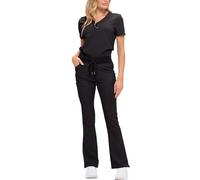 Monarch Uniforms Women’s Soft Stretch Scrub Set With Nine Pockets- V-Neck Top & High-Waisted Bootcut Pants-BLACK-S