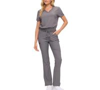 Monarch Uniforms Women’s Soft Stretch Scrub Set With Nine Pockets- V-Neck Top & High-Waisted Bootcut Pants, Heather Grey, Medium