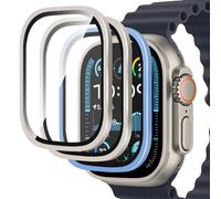 MONASAY 3 Pack Screen Protector for Apple Watch Ultra 2/1 (2024/2023/2022,49mm), Tempered Glass Film with Aluminum Alloy Frame, Military Grade Protection,Anti-Fall,Anti-Scratch,2 Titanium And 1 Blue