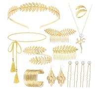 MONAZEO 14Pcs Greek Goddess Costume Accessories Set for Women Golden Laurel Leaf Crown Headband Armband Coil Bracelet Pearl Leaf Dangle Necklace Hair Pin Ring Waist Belt Wedding Toga Party Jewelry