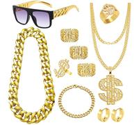 MONAZEO 80s 90s Accessories Outfit for Men Hip Hop Costume Kit Rapper Sunglasses Chain Bracelet Dollar Sign Ring Halloween Party Decorations