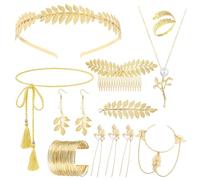 MONAZEO Greek Goddess Costume Accessories Set Golden Laurel Leaf Crown Upper Arm Cuff Coil Bracelet Hair Headpiece Artificial Leaf Drop Earrings Necklace Toga Waist Belt for Women