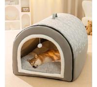 Monbaer 2 In 1 Dog House Large Dog Bed with Anti Anxiety Soft Warm Cushion, Foldable Calming Dog Kennel, Non-Slip Warm Pet Igloo Bed for Dogs Cats, Removable Washable (L:60x45x40cm,Gray)