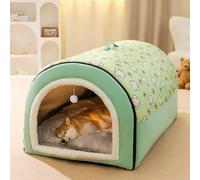 Monbaer 2 In 1 Dog House Large Dog Bed with Anti Anxiety Soft Warm Cushion, Foldable Calming Dog Kennel, Non-Slip Warm Pet Igloo Bed for Dogs Cats, Removable Washable (L:60x45x40cm,Green)
