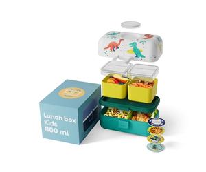 monbento - Children's Lunch Box MB Tresor blue Dino - The 3-compartment lunch box for children - Ideal for lunch & snack school/picnic - BPA free - Customizable and safe - Blue Dinosaurs