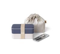 monbento - Natural Lunch Box Set - with Bento Box MB Original with Compartiments Made in France, Cutlery Set MB Slim Box, Lunch Bag MB Pochette M - BPA Free - Food Grade Safe - Blue and Cream
