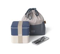 monbento - Natural Lunch Box Set - with Bento Box MB Square with Compartiments Made in France, Cutlery Set MB Slim Box, Lunch Bag MB Pochette L - BPA Free - Food Grade Safe - Blue