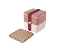 monbento - to Go Lunch Set Pink Moka - Large Lunch Box Adult MB Square + Chopping Board MB Cut Square Compatible with The Bento Lunch Box - Perfect for Picnics/Work - Pink & Wood