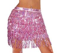 Monbessi Sequin Skirt for Women Cute Tassel Belly Dance Skirt Glitter Skirt for Women and Girls Festival Dance Performance (Pink)