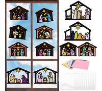 MONCAP 12 Pcs Nativity Stained Glass Decoration Kits Christmas Art and Craft Kits for Kids, Nativity Scene Stained Glass Effect Paper DIY Window Classroom Christmas New Year Party Decor