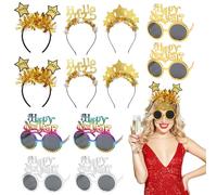 MONCAP 12Pcs 2025 New Year Eve Headbands & Glasses Party Supplies, Glitter Tinsel Hairbands Happy New Year Glasses Photo Prop for Carnival Party Christmas