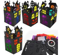 MONCAP 12pcs Haunted House Stained Glass Decoration Kits Stained Glass Lantern Art and Craft Kits for Kids, Halloween Lantern DIY Crafts Home Decor