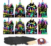 MONCAP 24pcs Christmas House Scratch Art for Kids, Xmas Magic Scratch Paper Card Rainbow Scratch Arts with Wooden Stylus for Kids Children Students DIY Arts and Crafts Decor-4 Design