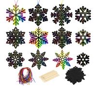 MONCAP 48pcs Snowflake Scratch Art Christmas Black Magic Scratch Paper Winter Rainbow DIY Scratch Card with Wooden Stylus & Ribbon for Kids Girls Boys Xmas Craft Project Gift Decor