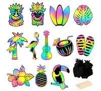 MONCAP 48pcs Summer Themed Scratch Art for Kids Hawaiian Beach Theme Magic Scratch Paper Card Rainbow Scratch Arts with Wooden Stylus for Kids Children Students DIY Art and Craft Decor