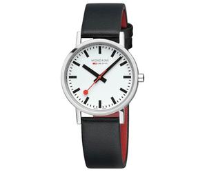 Mondaine Classic 36mm Polished Stainless Steel Watch, White Dial, Vegan Grape Leather Strap Black with Red Lining, Sustainable Design, Eco-Friendly, Recycled PET Materials