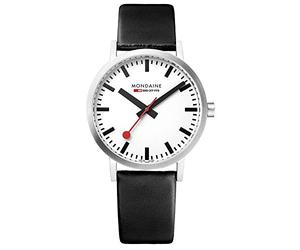 Mondaine Classic 36mm White Dial Watch | Sustainable Design, Brushed Stainless Steel Case, Iconic Red Crown, Vegan Grape Leather Strap - Eco-Friendly & Minimalist Timepiece