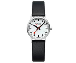 Mondaine Classic Collection Watch, 30mm Brushed Stainless Steel Case, White Dial, Iconic Red Crown, Vegan Grape Leather Strap, Eco-Composite Vegetable & Recycled PET