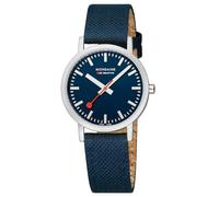 Mondaine Classic Collection Watch 36mm Deep Ocean Blue Dial Recycled PET Textile Strap Stainless Steel Case Timeless Minimalist Design Quick-Change System