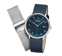 Mondaine Doppio 41mm Watch Set - Blue Dial, Swiss Quartz, Stainless Steel, Vegan Apple Leather & Mesh Straps - Vintage & Modern Design with Date & Water Resistance