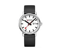 Mondaine evo2 40mm Big Date White Dial Black Grape Leather Strap, Black, Men Black