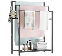 Mondazie 44” Tall Free Standing Towel Racks with 6 Hooks for Bathroom, 3 Tiers Oversized Pool Bath Towels Drying Stand, Metal Blanket Ladder Holder with Storage Shelf for Bedroom Living Room, Black