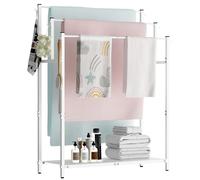 Mondazie 44” Tall Free Standing Towel Racks with 6 Hooks for Bathroom, 3 Tiers Oversized Pool Bath Towels Drying Stand, Metal Blanket Ladder Holder with Storage Shelf for Bedroom Living Room, White