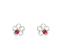 Monde Petit 209 Girl's Silver Earrings with Flower and Enamelled Ladybird